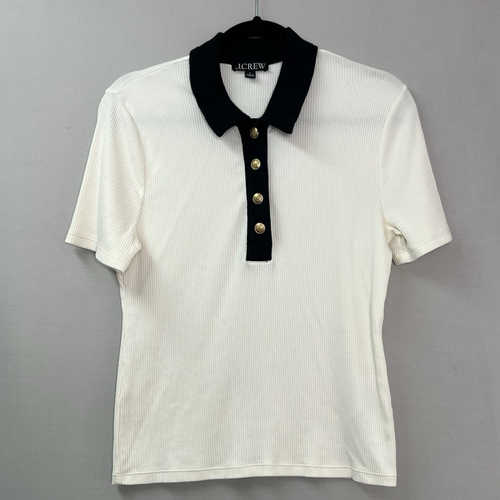 J Crew‎ Top Womens Sz L Cream Vintage Rib Polo Preppy Academia Classic Old Money